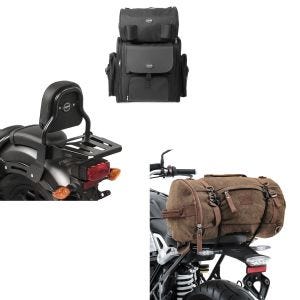 Set: Sissybar XS3 + Hecktasche für Honda Rebel 500 17-21 mit Gepäckträger + Hecktasche Vintage 35L Canvas Rucksack Gepäckrolle braun_1