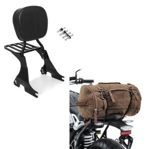 Set: Sissybar für Harley Sportster 883 Iron 09-20 inkl. Gepäckträger + Hecktasche Vintage 35L Canvas Rucksack Gepäckrolle braun_1