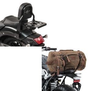 Set: Sissy Bar XS3 für Kawasaki Vulcan S / Café 15-20 mit Gepäckträger + Hecktasche Vintage 35L Canvas Rucksack Gepäckrolle braun_1