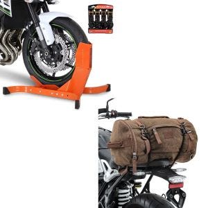 Set: Easy Plus - Motorradwippe inklusive 4-fach Spanngurt-Set orange + Hecktasche Vintage 35L Canvas Rucksack Gepäckrolle braun_1