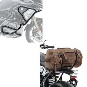 Set: Sturzbügel Set für BMW R 1250 GS 19-21 oben und unten XL6 Schutzbügel + Hecktasche Vintage 35L Canvas Rucksack Gepäckrolle braun_1