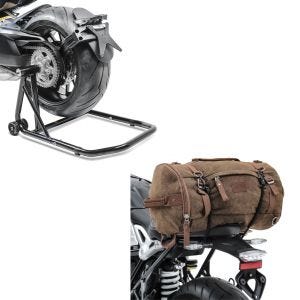 Set: Einarmständer Triumph Speed Triple / R 97-20 Montageständer + Hecktasche Vintage 35L Canvas Rucksack Gepäckrolle braun_1