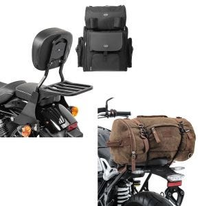 Set: Sissybar SB1 + Hecktasche für Harley Sportster 883 Iron 09-20 + Hecktasche Vintage 35L Canvas Rucksack Gepäckrolle braun_1