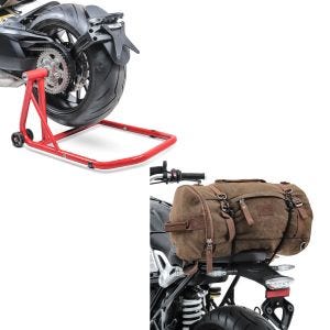 Set: Einarmständer Ducati Hypermotard 950 / SP 19-21 Montageständer Single + Hecktasche Vintage 35L Canvas Rucksack Gepäckrolle braun_1