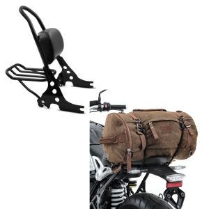 Sett: Sissy bar egnet for Harley Davidson Sportster Forty-Eight 48 10-20 Craftride Fast Rider-M inkl. bagasjeholder svart + motorsykkel hale bag vintage 25L canvas ryggsekk bagasjerull brun Craftride.
