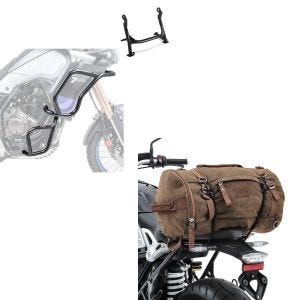Set: Sturzbügel Hauptständer Set für Yamaha Tenere 700 19-21 oben unten + Hecktasche Vintage 35L Canvas Rucksack Gepäckrolle braun_1