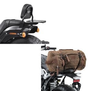 Set: Sissy Bar CSS Fix für Harley Fat Bob / 114 18-21 mit Gepäckträger + Hecktasche Vintage 35L Canvas Rucksack Gepäckrolle braun_1