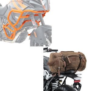 Set: Sturzbügel Set für KTM 1290 Super Adventure R / S / T 17-20 orange + Hecktasche Vintage 35L Canvas Rucksack Gepäckrolle braun_1