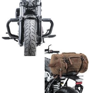 Set: Sturzbügel Mustache II für Harley Sportster 04-20 Schutzbügel + Hecktasche Vintage 35L Canvas Rucksack Gepäckrolle braun_1