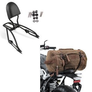 Set: Sissybar Harley Street 750 15-20 Fast Driver-S inkl. Gepäckträger + Hecktasche Vintage 35L Canvas Rucksack Gepäckrolle braun_1