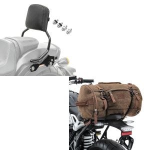 Set: Sissybar für Harley Fat Bob / 114 18-21 R1 mit Docking Kit schwarz + Hecktasche Vintage 35L Canvas Rucksack Gepäckrolle braun_1