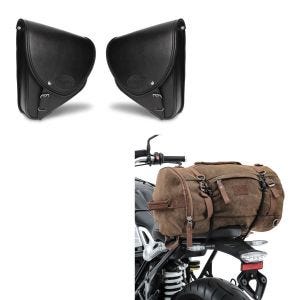 Set: Satteltaschen Paar für Custom Bikes Indiana schwarz + Hecktasche Vintage 35L Canvas Rucksack Gepäckrolle braun_1