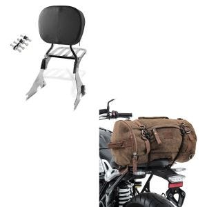 Set: Sissy Bar mit Gepäckträger für Harley Sportster 1200 Custom 04-20 + Hecktasche Vintage 35L Canvas Rucksack Gepäckrolle braun_1