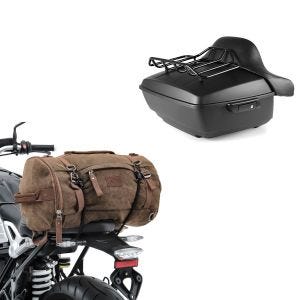 Sett: Toppveske King NHM egnet for Harley Davidson Softail / Sport Glide svart Craftride + motorsykkel hale bag Vintage 25L canvas ryggsekk bagasjerull brun Craftride