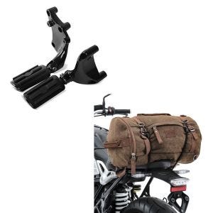 Set: Sozius Fussrasten Set für Harley Sportster Forty-Eight 48 14-20 + Hecktasche Vintage 35L Canvas Rucksack Gepäckrolle braun_1