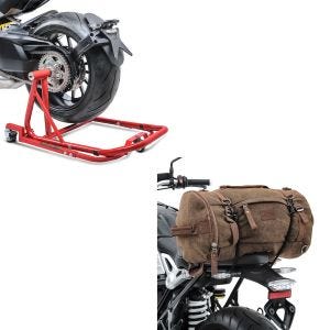 Set: Rangierhilfe Ducati Diavel / S 11-20 Montageständer Single Mover Rot + Hecktasche Vintage 35L Canvas Rucksack Gepäckrolle braun_1
