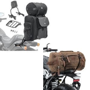 Set: Sissybar + Hecktasche für Harley Fat Bob / 114 18-21 R1 Gepäckträger + Hecktasche Vintage 35L Canvas Rucksack Gepäckrolle braun_1