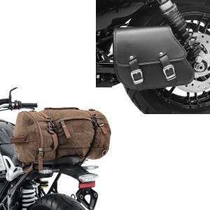 Set: Schwingentasche + Halter für Harley Sportster Forty-Eight 48 10-20 + Hecktasche Vintage 35L Canvas Rucksack Gepäckrolle braun_1