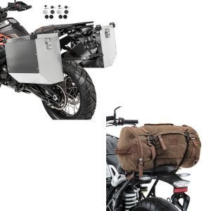 Set: Alukoffer Set für Honda Transalp XL 600/ 650/ 700 V Atlas 36-41 + Hecktasche Vintage 35L Canvas Rucksack Gepäckrolle braun_1