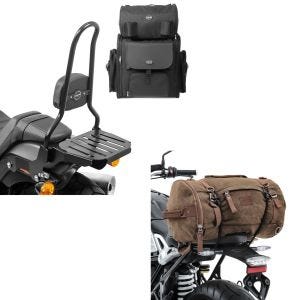 Set: Sissybar CSXL + Hecktasche für Harley Softail Fat Bob 114 18-21 + Hecktasche Vintage 35L Canvas Rucksack Gepäckrolle braun_1
