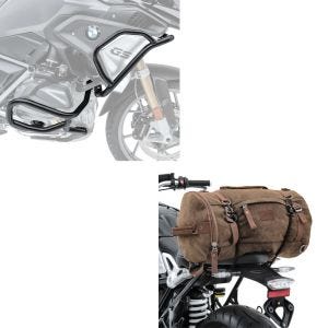 Set: Sturzbügel Set für BMW R 1250 GS 19-21 L2 oben und unten + Hecktasche Vintage 35L Canvas Rucksack Gepäckrolle braun_1