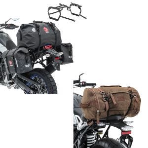 Sett: Sadelveskesett WP8 passer for Yamaha Tenere 700 19-24 med haleveske + haleveske vintage 35L lerretsryggsekk bagasjerullebrun