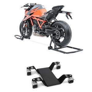 Sett: Enkeltarms monteringsstativ som passer for BMW R NineT 14-23 bak foran CLS + manøvreringshjelp for hovedstativ Easy Mover III opptil 400 kg i svart