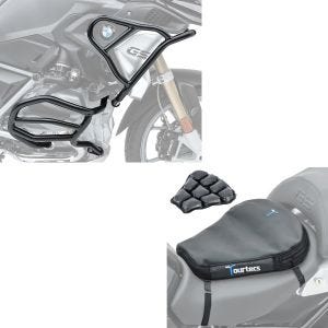 Sett: Crash bar sett egnet for BMW R 1250 GS 19-23 topp og bunn XL8 crash bar + luftpute Air Deluxe M komfort setepute i svart
