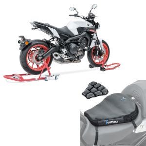 Set: Montageständer Set MR1 Motorradständer vorne und hinten Rangierhilfe + Luftkissen Air Deluxe M Komfort Sitzkissen in schwarz_1