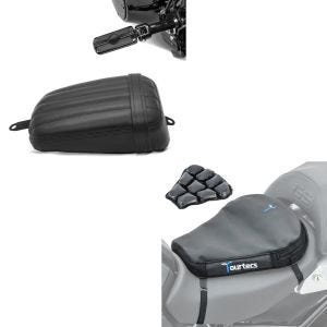 Sett: Pillion setesett egnet for Harley Davidson Softail Street Bob 18-23 med fotstøtter og holder Craftride FS1 + motorsykkel luftpute Tourtecs Air Deluxe M komfortsetepute i svart