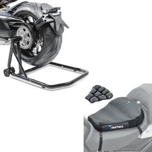 Sett: Enarmsstativ egnet for Triumph Speed Triple / R 97-20 reparasjonsstativ + luftpute Air Deluxe M komfortsetepute i svart