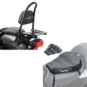 Sett: Sissy bar som passer til Honda Rebel 500 CMX 17-21 Fast Rider-M inkl. bagasjeholder + luftpute Air Deluxe M komfortsetepute i sort