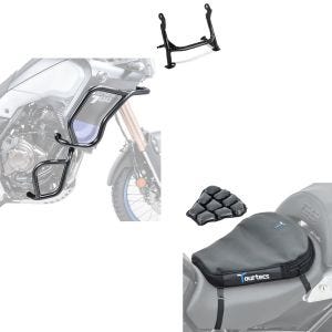 Set: Sturzbügel Hauptständer Set für Yamaha Tenere 700 19-21 oben unten + Luftkissen Air Deluxe M Komfort Sitzkissen in schwarz_1