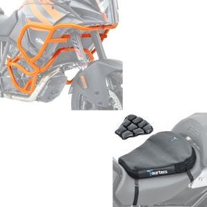 Set: Sturzbügel Set für KTM 1290 Super Adventure R / S / T 17-20 orange + Luftkissen Air Deluxe M Komfort Sitzkissen in schwarz_1