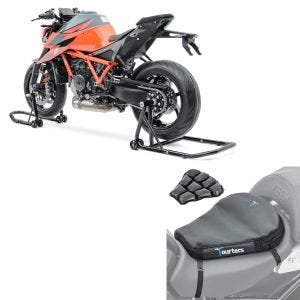Sett: Enarms reparasjonsstativ sett egnet for KTM 1290 Super Duke / R 14-21 + luftpute Air Deluxe M komfortsetepute i svart
