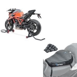 Sett: Enarms reparasjonsstativ egnet for KTM 1290 Super Duke / R 14-21 bak foran Constands + luftpute Air Deluxe M komfortsetepute i svart