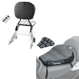 Sett: Sissy bar med bagasjeholder og dockingsett som passer til Harley Davidson Sportster 1200 Custom 04-20 krom Craftride + motorsykkel luftpute Tourtecs Air Deluxe M komfortsetepute i svart