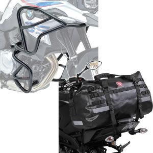 Sett: Crash bar XL sett egnet for BMW F 850 GS / F 750 GS 18-23 topp bunn + hale bag Drybag XB50 vanntett volum 50l