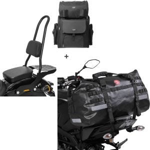 Sett: Sissy bar CSXL + halebag egnet for choppers / custom sykler 18-24 avtakbar med bagasjehylle Craftride + motorsykkel tail bag Drybag Bagtecs XB50 vanntett volum 50l