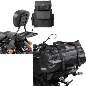 Sett: Sissy bar SB1 + halebag egnet for choppers / custom sykler 883 Iron 09-20 avtakbar med bagasjeholder Craftride svart + motorsykkel tail bag Drybag Bagtecs XB50 vanntett volum 50l