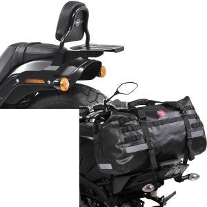 Sett: Sissy bar CSS Fix egnet for Harley Davidson Fat Bob / 114 18-24 med bagasjehylle svart Craftride + motorsykkel hale bag Drybag Bagtecs XB50 vanntett volum 50l