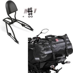 Sett: Sissy bar egnet for Harley Davidson Street 750 15-20 Craftride Fast Driver-S inkl. bagasjeholder svart + motorsykkel hale bag Drybag Bagtecs XB50 vanntett volum 50l.