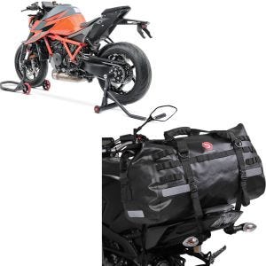 Sett: Enarms reparasjonsstativ egnet for KTM 1290 Super Duke / R 14-23 bak foran Constands + halebag Drybag XB50 vanntett volum 50l