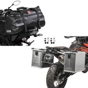 Sett: Aluminium sidekoffert sett Gobi 34l og 45l med adapter egnet for bagasjeholder + halebag Drybag XB50 vanntett volum 50l