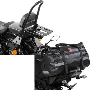 Sett: Sissy bar egnet for Harley Davidson Sportster 04-20 Craftride Fast Rider-L inkl. bagasjeholder svart + motorsykkel hale bag Drybag Bagtecs XB50 vanntett volum 50l.