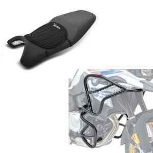 Sett: Crash bar XL sett egnet for BMW F 850 GS / F 750 GS 18-23 topp bunn + gel setepute neopren M gel pute setetrekk i svart