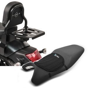 Sett: Sissy Bar XS3 passer til Kawasaki Vulcan S / Café 15-24 med bagasjehylle + gel setepute neopren M gel pute setetrekk i svart