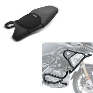 Sett: Crash bar sett egnet for BMW R 1250 GS 19-23 topp og bunn XL6 crash bar + gel setepute neopren M gel pute setetrekk i svart
