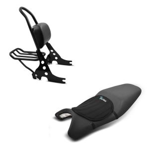 Sett: Sissy bar egnet for Harley Davidson Sportster Forty-Eight 48 10-20 Craftride Fast Rider-M inkl. bagasjeholder svart + motorsykkel gel setepute Tourtecs neopren M gel pute setetrekk i sort.