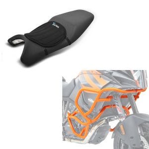 Set: Sturzbügel Set für KTM 1290 Super Adventure R / S / T 17-20 orange + Gel Sitzkissen Neopren M Gelkissen Sitzauflage in schwarz_1
